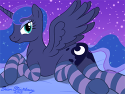 Size: 384x288 | Tagged: safe, artist:brianblackberry, princess luna, alicorn, pony, g4, bedroom eyes, butt, clothes, female, looking at you, lowres, mare, plot, socks, solo, striped socks, underhoof