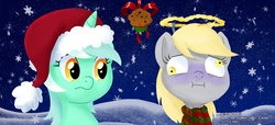 Size: 1920x878 | Tagged: safe, artist:countcarbon, derpy hooves, lyra heartstrings, pegasus, pony, unicorn, g4, asphyxiation, clothes, duo, duo female, female, mare, muffin, scarf, snow, snowfall