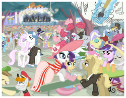 Size: 1024x798 | Tagged: safe, artist:janeesper, amethyst star, bags valet, bruce mane, caesar, caramel, carlotta, carrot top, count caesar, derpy hooves, earl grey, eclair créme, fancypants, fine line, fleur-de-lis, four step, golden gavel, golden harvest, hayseed turnip truck, hoity toity, jet set, lady justice, linky, lyrica lilac, masquerade, maxie, midnight fun, neon lights, north star, orion, perfect pace, perry pierce, photo finish, pish posh, pokey pierce, ponet, pretty vision, primrose, rarity, regal candent, rising star, royal ribbon, sapphire shores, sea swirl, seafoam, sealed scroll, shoeshine, shooting star (g4), silver frames, soigne folio, sparkler, star gazer, swan song, swift justice, twinkleshine, upper crust, vance van vendington, vidala swoon, earth pony, pegasus, pony, unicorn, g4, art, background pony, bowtie, bucktooth, chandelier, clothes, crowd, dress, ear piercing, earring, eyes closed, facial hair, feather, female, flank, hat, horn, impressionism, jewelry, lamppost, looking at each other, looking at someone, magic, magic aura, male, mare, modern art, moustache, necklace, open mouth, open smile, paintbrush, piercing, pierre-auguste renoir, raised hoof, royal guard, scarf, shirt, shirt with a collar, smiling, solo, stage, stallion, suit, sunglasses, table, top hat, tree, unicorn royal guard