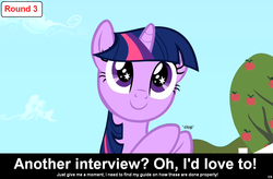 Size: 1024x671 | Tagged: safe, twilight sparkle, comic:celestia's servant interview, g4, caption, interview, meta