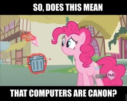 Size: 960x768 | Tagged: safe, pinkie pie, earth pony, pony, g4, magic duel, disembodied mouth, female, image macro, mare, modular, mouse cursor, no mouth, text, trash can