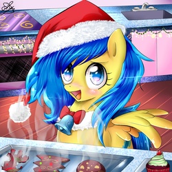 Size: 1400x1400 | Tagged: safe, artist:daughter-of-fantasy, oc, oc only, oc:blueberry blitz, pegasus, pony, bell, bell collar, christmas, collar, cookie, hat, santa hat, solo