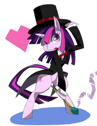 Size: 594x772 | Tagged: safe, artist:8->, twilight sparkle, pony, g4, bipedal, clothes, female, hat, magic, magic wand, magician, pixiv, solo, tailcoat, top hat, tuxedo