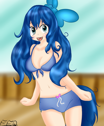 Size: 900x1100 | Tagged: safe, artist:freefraq, oc, oc only, oc:shiny slime, human, boxers, bra, cleavage, clothes, female, humanized, ribbon, solo, species swap, underwear