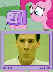 Size: 563x771 | Tagged: safe, pinkie pie, earth pony, pony, g4, magic duel, my little pony: friendship is magic, exploitable meme, meme, no mouth, photo, the matrix, tv meme