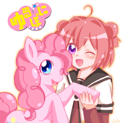 Size: 600x600 | Tagged: dead source, safe, artist:charmyamber, pinkie pie, g4, akari akaza, anime, clothes, crossover, cute, diapinkes, duo, japanese, open mouth, school uniform, simple background, white background, wink, yuru yuri