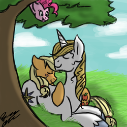 Size: 900x900 | Tagged: safe, artist:thundershock0823, applejack, pinkie pie, prince blueblood, g4, blushing, cuddling, female, male, ship:bluejack, shipping, straight, tree