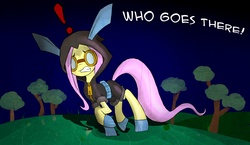 Size: 2993x1731 | Tagged: safe, artist:juanrock, fluttershy, pegasus, pony, g4, bunny ears, caught, clothes, dangerous mission outfit, exclamation point, female, goggles, hoodie, mare, solo, tree