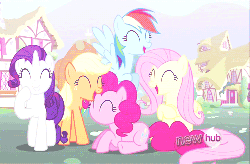 Size: 500x328 | Tagged: safe, screencap, applejack, fluttershy, pinkie pie, rainbow dash, rarity, g4, magic duel, animated, female, laughingmares.jpg, no mouth, no nose