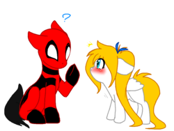 Size: 800x600 | Tagged: safe, artist:thamutt, oc, oc:frolic, blank flank, blushing, deadpool, deadpool is best pony, freckles, ponified, question mark