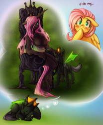 Size: 950x1145 | Tagged: safe, artist:vella, fluttershy, oc, oc:vesairus, changeling, changeling queen, pegasus, pony, anthro, g4, blushing, canon x oc, changeling oc, changelingified, female, flutterling, flutterus, imagine spot, male, oh my, thought bubble