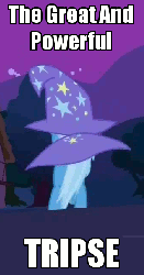 Size: 340x645 | Tagged: safe, edit, edited screencap, screencap, trixie, pony, unicorn, g4, magic duel, animated, cape, caption, clothes, cropped, female, gif, great and powerful, hat, image macro, impact font, mare, misspelling, solo, text, trip, tripsie, trixie's cape, trixie's hat
