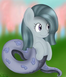 Size: 944x1097 | Tagged: safe, artist:freefraq, marble pie, lamia, original species, snake pony, g4, cherry blossoms, female, flower, flower blossom, grass, solo, tree