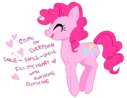 Size: 459x355 | Tagged: dead source, safe, artist:nyoncat, pinkie pie, earth pony, pony, g4, bouncing, dialogue, eyes closed, female, hopping, jumping, mare, open mouth, side view, simple background, singing, smile song, smiling, solo, text, tumblr, white background