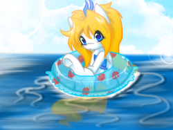 Size: 1024x768 | Tagged: safe, artist:thamutt, oc, oc only, oc:frolic, pony, clothes, floating, floaty, freckles, inner tube, pool toy, solo, swimsuit, water