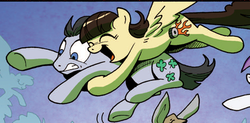 Size: 496x244 | Tagged: safe, artist:andypriceart, idw, official comic, lucky clover, wild fire, earth pony, pegasus, pony, g4, official, spoiler:comic, comic, cute, duo focus, flying, happy, hug, luckyfire, male, offscreen character, scared, shipping, sibsy, stallion, wild fire gets lucky