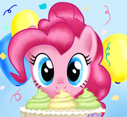 Size: 3008x2767 | Tagged: safe, artist:0okami-0ni, pinkie pie, g4, balloon, cake, confetti, cupcake
