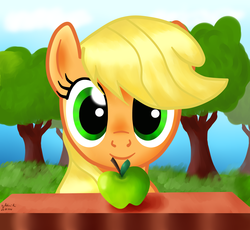 Size: 3008x2767 | Tagged: safe, artist:0okami-0ni, applejack, g4, apple, obligatory apple, table