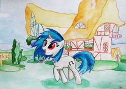 Size: 3160x2242 | Tagged: safe, artist:0okami-0ni, dj pon-3, vinyl scratch, g4, happy, ponyville, traditional art, watercolor painting