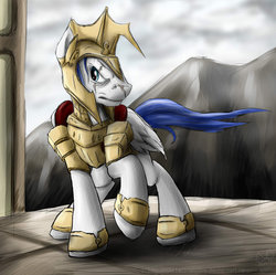 Size: 900x897 | Tagged: safe, artist:rule1of1coldfire, pegasus, pony, g4, angry, armor, eye scar, helmet, male, raised hoof, royal guard, scar, solo, stallion