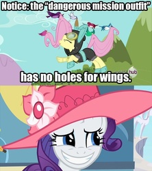 Size: 576x648 | Tagged: safe, edit, edited screencap, screencap, fluttershy, rarity, pegasus, pony, unicorn, g4, magic duel, sweet and elite, bunny ears, caption, clothes, dangerous mission outfit, female, goggles, hat, hoodie, image macro, mare, smiling, trollface