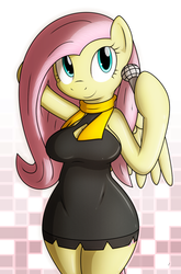 Size: 860x1300 | Tagged: safe, artist:tg-0, fluttershy, anthro, semi-anthro, g4, arm hooves, breasts, busty fluttershy, cleavage, clothes, cute, dress, female, microphone, shyabetes, solo