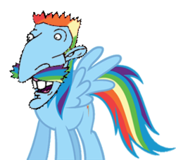 Size: 264x240 | Tagged: safe, rainbow dash, original species, human head pony, g4, abomination, cursed image, male, meme, nigel thornberry, nightmare fuel, simple background, solo, transparent background, wat, why