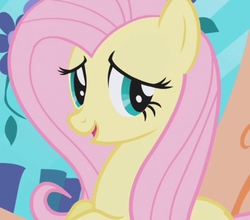 Size: 643x565 | Tagged: safe, screencap, fluttershy, pegasus, pony, g4, aside glance, bust, cropped, female, indoors, looking at you, mare, open mouth, open smile, smiling, solo, three quarter view