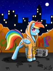 Size: 850x1128 | Tagged: safe, artist:chocolatechilla, rainbow dash, g4, clothes, gangsta, graffiti, hoodie, necklace, radio