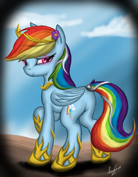 Size: 1100x1407 | Tagged: safe, artist:leyanor, rainbow dash, pegasus, pony, g4, clothes, female, hoof shoes, looking back, mare, solo