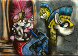 Size: 1175x835 | Tagged: safe, artist:artseytrilogy, princess celestia, princess luna, g4, female, filly, filly celestia, male, royal guard, stallion, younger