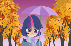 Size: 685x448 | Tagged: safe, artist:bikkisu, twilight sparkle, human, g4, autumn, clothes, humanized, scarf, solo, umbrella, winter