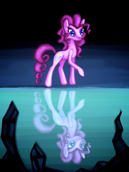 Size: 897x1196 | Tagged: safe, artist:jejejoja, pinkie pie, earth pony, pony, g4, too many pinkie pies, cave, cave pool, female, mirror pool, raised hoof, reflection, solo