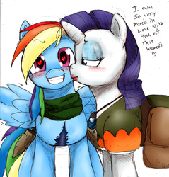 Size: 1292x1350 | Tagged: safe, artist:blackbewhite2k7, artist:pockystix, rainbow dash, rarity, pegasus, pony, unicorn, g4, arisen, blushing, cheek kiss, clothes, crossover, dagger, dragon's dogma, duo, female, flirting, heart eyes, kissing, lesbian, lipstick, madeleine, mare, parody, scar, scarf, ship:raridash, shipping, simple background, white background, wingboner, wingding eyes