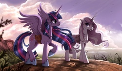 Size: 1295x756 | Tagged: safe, artist:ruhje, fleur-de-lis, twilight sparkle, alicorn, pony, unicorn, fanfic:myths and birthrights, g4, cloud, cloudy, cutie mark, duo, fanfic, fanfic art, female, hoof shoes, horn, jewelry, mare, necklace, raised hoof, saddle bag, spread wings, twilight sparkle (alicorn), ultimate twilight, wayback machine source, wings