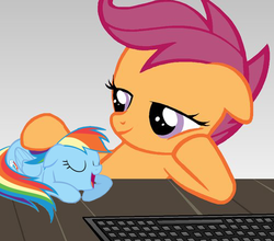 Size: 500x440 | Tagged: safe, rainbow dash, scootaloo, g4, cute, duo, eyes closed, female, filly, foal, keyboard, mare, micro, petting, size difference, sleeping