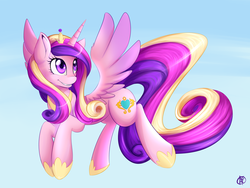 Size: 4000x3000 | Tagged: dead source, safe, artist:spittfireart, princess cadance, alicorn, pony, g4, female, flying, jewelry, mare, regalia, simple background, smiling, solo, spread wings, tiara, wings