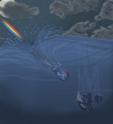 Size: 1000x1102 | Tagged: safe, artist:lethalnoodle, artist:vinylsscratch, derpy hooves, rainbow dash, pegasus, pony, g4, bubble, duo, duo female, female, lesbian, mare, ocean, rescue, ship:derpydash, shipping, sinking, sky, splash, swimming, underwater, water