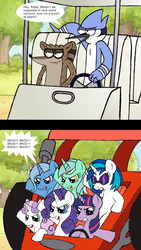Size: 2964x5244 | Tagged: safe, artist:rb-gameaddict, dj pon-3, lyra heartstrings, rarity, sweetie belle, trixie, twilight sparkle, vinyl scratch, g4, crossover, male, mordecai, mordecai and rigby, reference, regular show, rigby (regular show)