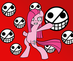 Size: 1500x1254 | Tagged: safe, artist:feralroku, pinkie pie, earth pony, pony, g4, bipedal, female, jolly roger, one piece, pinkamena diane pie, red background, simple background, solo