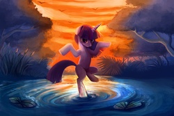 Size: 1800x1200 | Tagged: safe, artist:jokerpony, twilight sparkle, pony, g4, female, magic training, pose, solo, stance, sunset, water