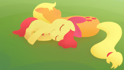 Size: 1920x1080 | Tagged: safe, artist:gingermint, artist:icekatze, apple bloom, applejack, earth pony, pony, g4, blank flank, cutie mark, female, filly, foal, hooves, lineless, lying down, mare, nap, sleeping, wallpaper