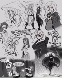 Size: 1280x1600 | Tagged: dead source, safe, artist:the-orator, fluttershy, pinkie pie, trixie, twilight sparkle, human, g4, magic duel, alicorn amulet, crystal ball, dialogue, gypsy pie, humanized, magic, magic circle, sketch dump, table