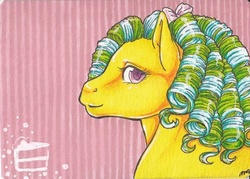 Size: 400x286 | Tagged: safe, artist:shaiyeh, lemon treats, pegasus, pony, g1, candy cane pony, female, mare, multicolored mane, pink eyes, yellow coat