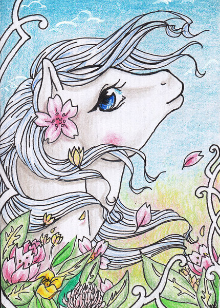 Size: 600x838 | Tagged: safe, artist:shaiyeh, princess tiffany, earth pony, pony, g1, 2011, bust, colored pencil drawing, featured image, female, flower, flower petals, looking at you, mare, modern art, nouveau, outdoors, portrait, side view, solo, traditional art