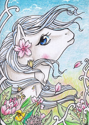 Size: 600x838 | Tagged: safe, artist:shaiyeh, princess tiffany, earth pony, pony, g1, 2011, blushing, bust, colored pencil drawing, featured image, female, flower, flower petals, looking at you, mare, modern art, nouveau, outdoors, portrait, side view, solo, traditional art