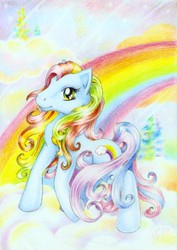 Size: 638x900 | Tagged: dead source, safe, artist:ainashadox, rainbow dash (g3), earth pony, pony, g3, cloud, female, looking at you, rainbow, solo, traditional art