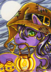 Size: 309x434 | Tagged: safe, artist:anniemsson, kimono, earth pony, pony, g3, 2011, atc, cute, female, halloween, hat, kimonawww, lantern, mare, mouth hold, solo, witch hat