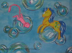 Size: 1002x739 | Tagged: safe, artist:spiritedlittlepony, bubbles (g1), mew, g1, bubble, coat markings, crossover, facial markings, pokémon, star (coat marking)