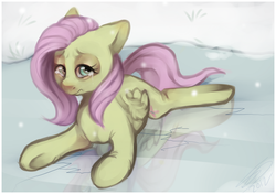 Size: 1600x1124 | Tagged: safe, artist:imalou, fluttershy, pony, g4, crying, female, ice, snow, snowfall, solo